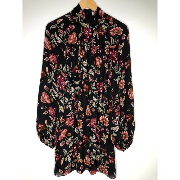 A.L.C. Nadia Silk Dress Floral Print Long Sleeve High Neck Black Size 8 - Picture 4 of 10
